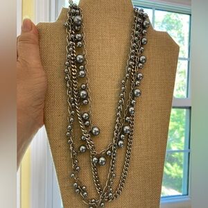Talbots Layered Silver Tone Chains & Glass Pearls Statement‎ Necklace